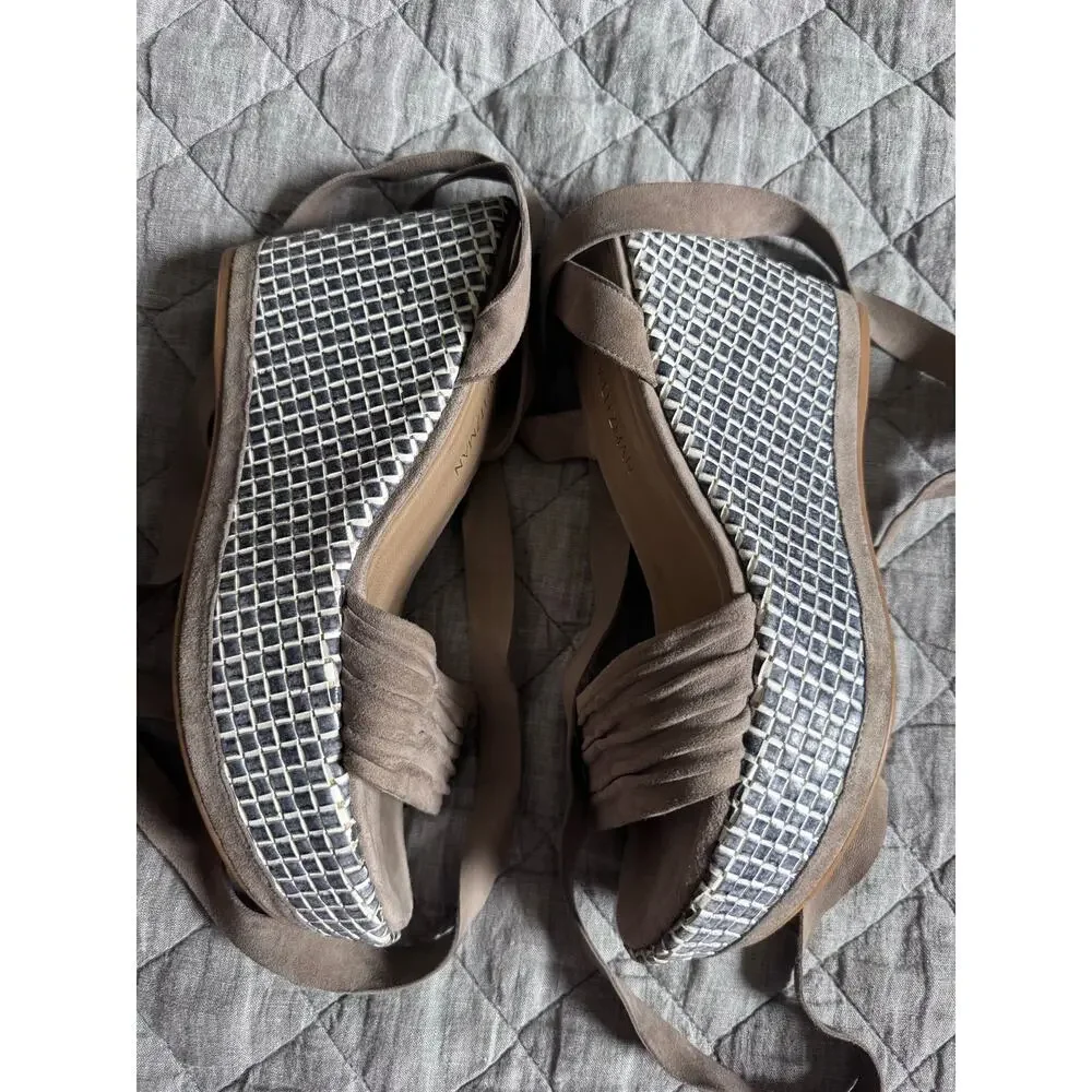 Stuart Weitzman Taupe Suede Wedge Sandals Ankle Wrap Leather Laces Size 8 Check